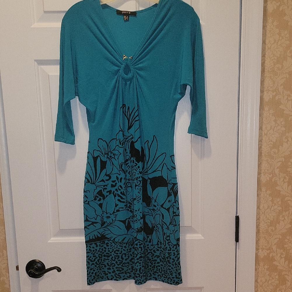Teal Dress with Black Floral Pattern